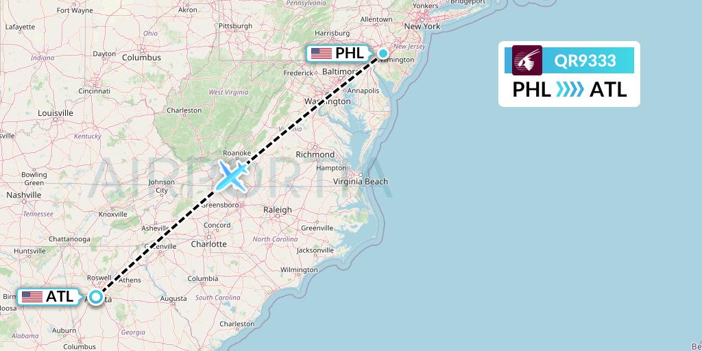QR9333 Qatar Airways Flight Map: Philadelphia to Atlanta
