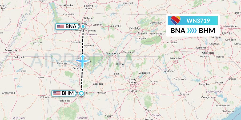 WN3719 Southwest Airlines Flight Map: Nashville to Birmingham