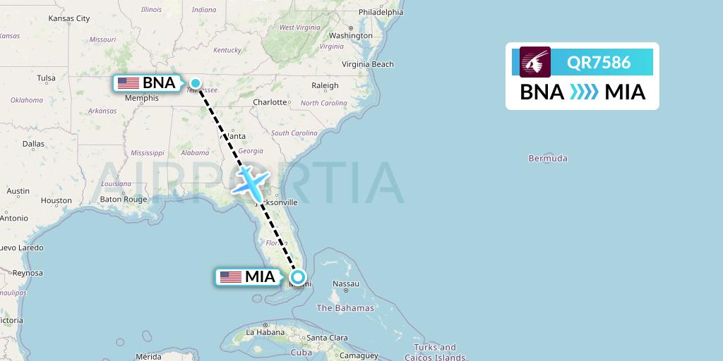 QR7586 Qatar Airways Flight Map: Nashville to Miami