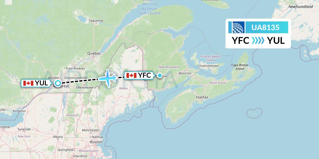 UA8135 United Airlines Flight Map: Fredericton to Montreal