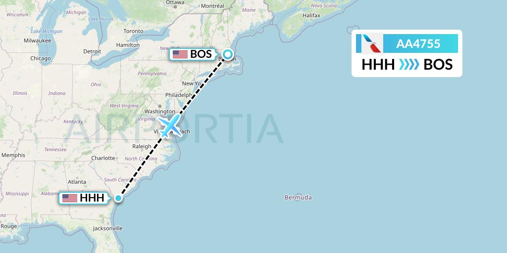 AA4755 American Airlines Flight Map: Hilton Head Island to Boston