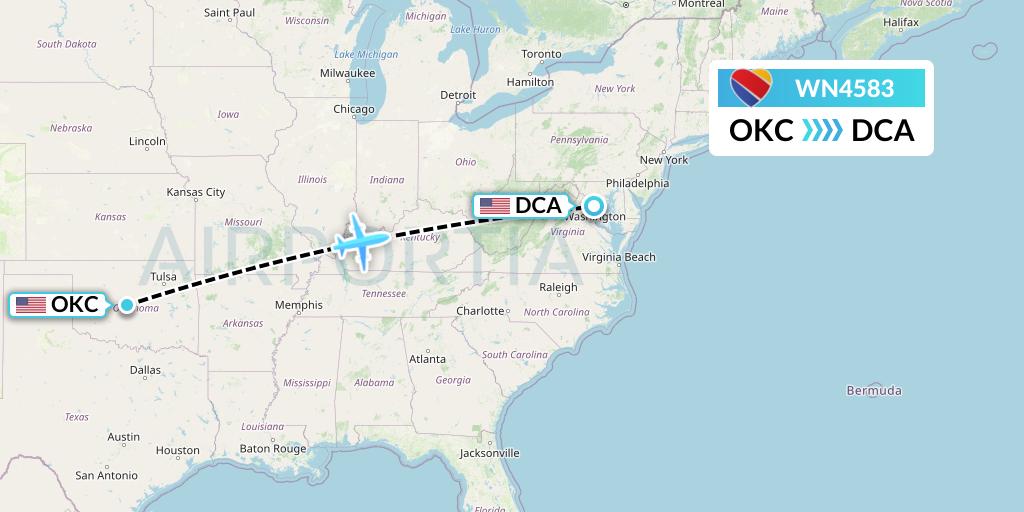 WN4583 Southwest Airlines Flight Map: Oklahoma City to Washington