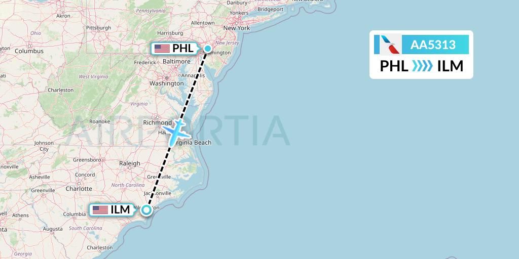 AA5313 American Airlines Flight Map: Philadelphia to Wilmington