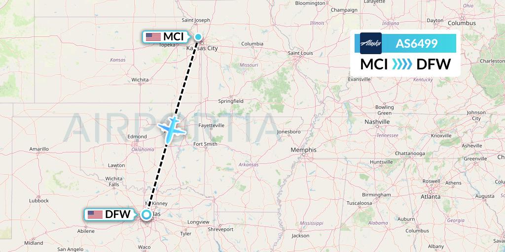 AS6499 Alaska Airlines Flight Map: Kansas City to Dallas