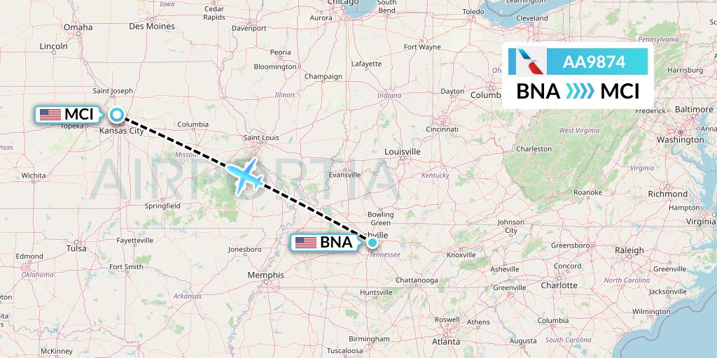 AA9874 American Airlines Flight Map: Nashville to Kansas City
