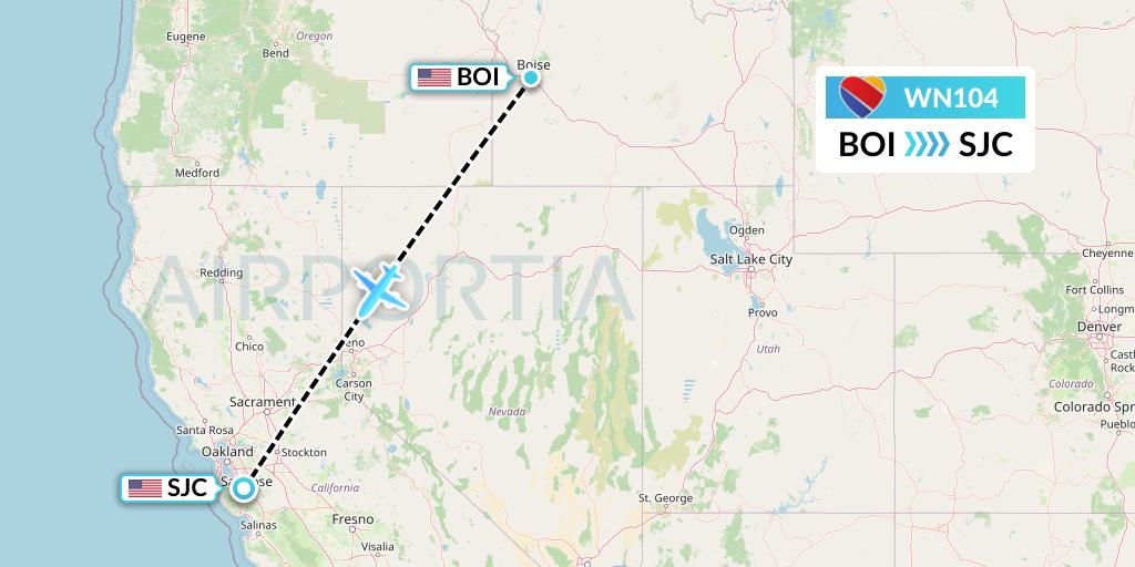 WN104 Southwest Airlines Flight Map: Boise to San Jose