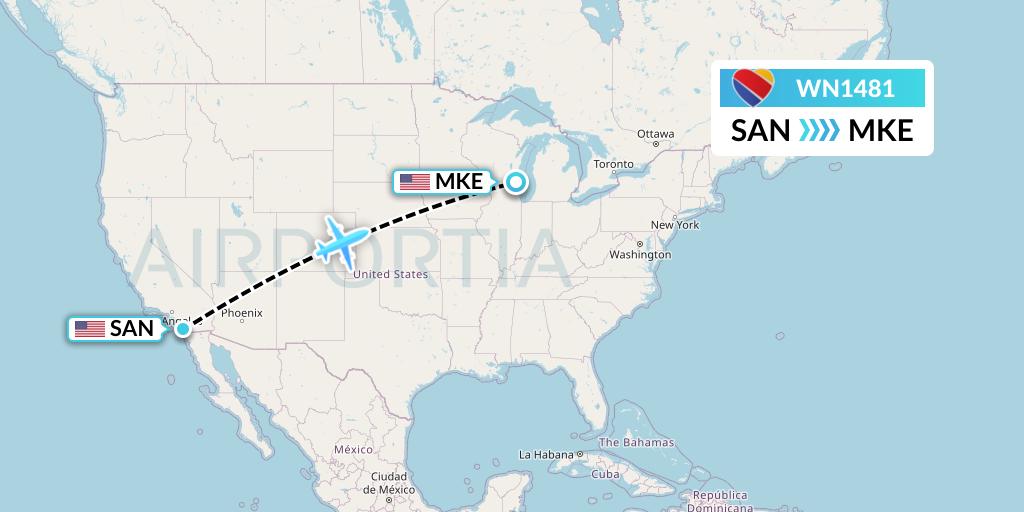 WN1481 Southwest Airlines Flight Map: San Diego to Milwaukee