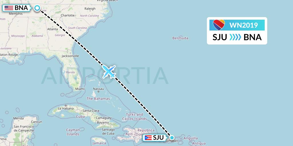 WN2019 Southwest Airlines Flight Map: San Juan to Nashville
