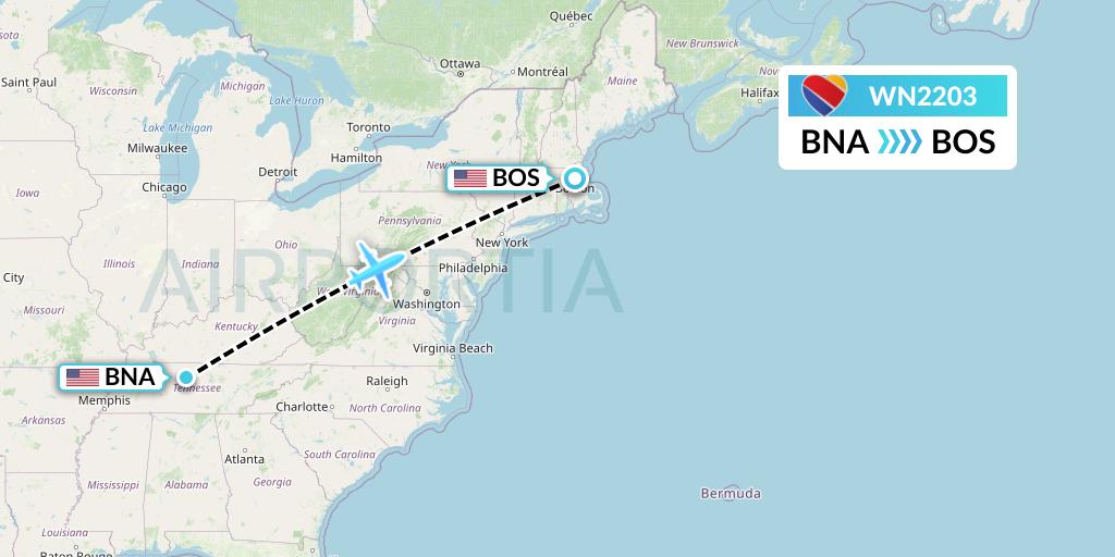 WN2203 Southwest Airlines Flight Map: Nashville to Boston