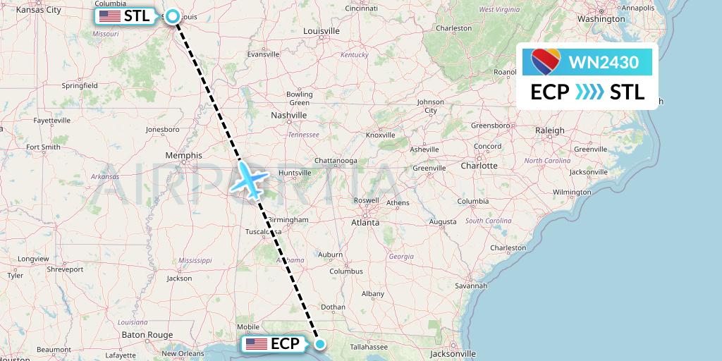 WN2430 Southwest Airlines Flight Map: Panama City to St. Louis