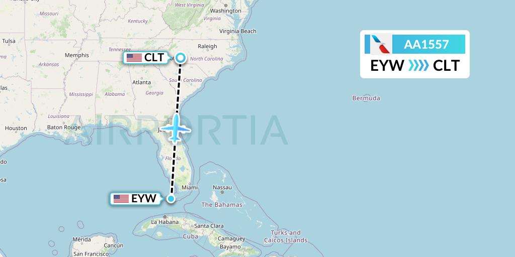 AA1557 American Airlines Flight Map: Key West to Charlotte