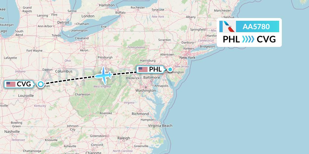 AA5780 American Airlines Flight Map: Philadelphia to Cincinnati
