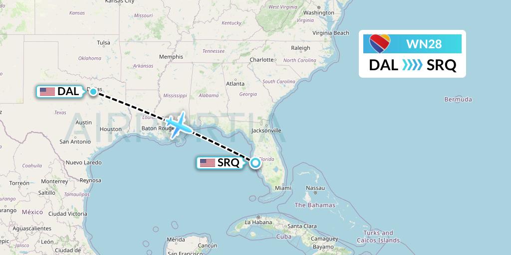 WN28 Southwest Airlines Flight Map: Dallas to Sarasota