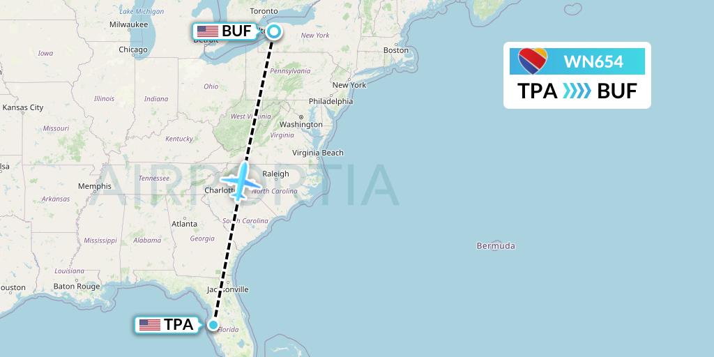 WN654 Southwest Airlines Flight Map: Tampa to Buffalo
