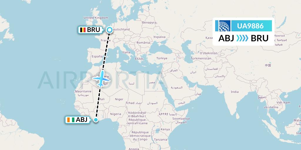 UA9886 United Airlines Flight Map: Abidjan to Brussels