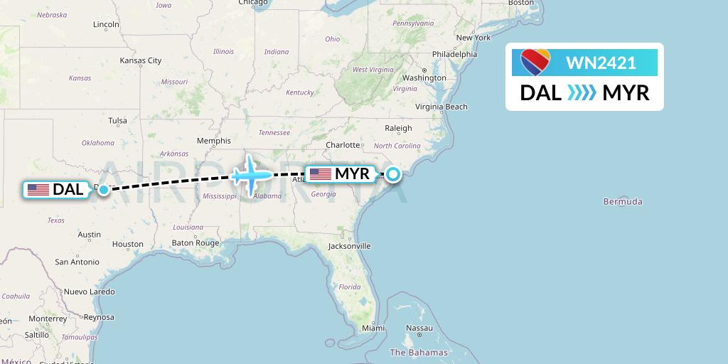 WN2421 Southwest Airlines Flight Map: Dallas to Myrtle Beach