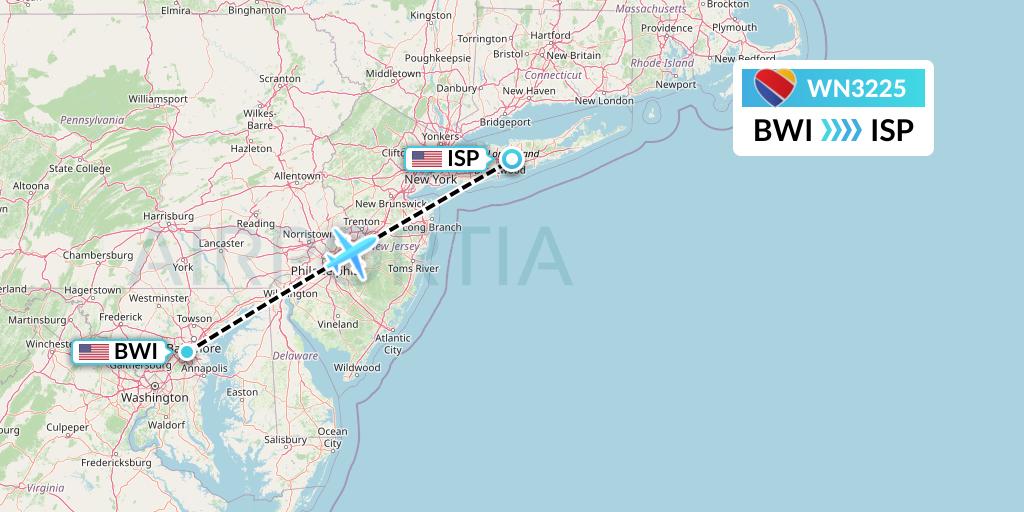 WN3225 Southwest Airlines Flight Map: Baltimore to Islip