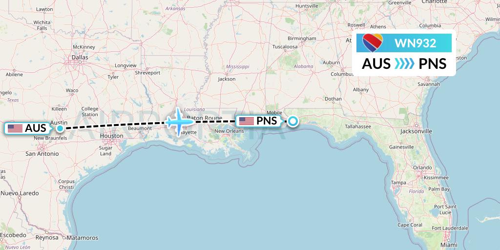 WN932 Southwest Airlines Flight Map: Austin to Pensacola