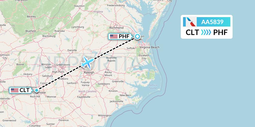 AA5839 American Airlines Flight Map: Charlotte to Newport News