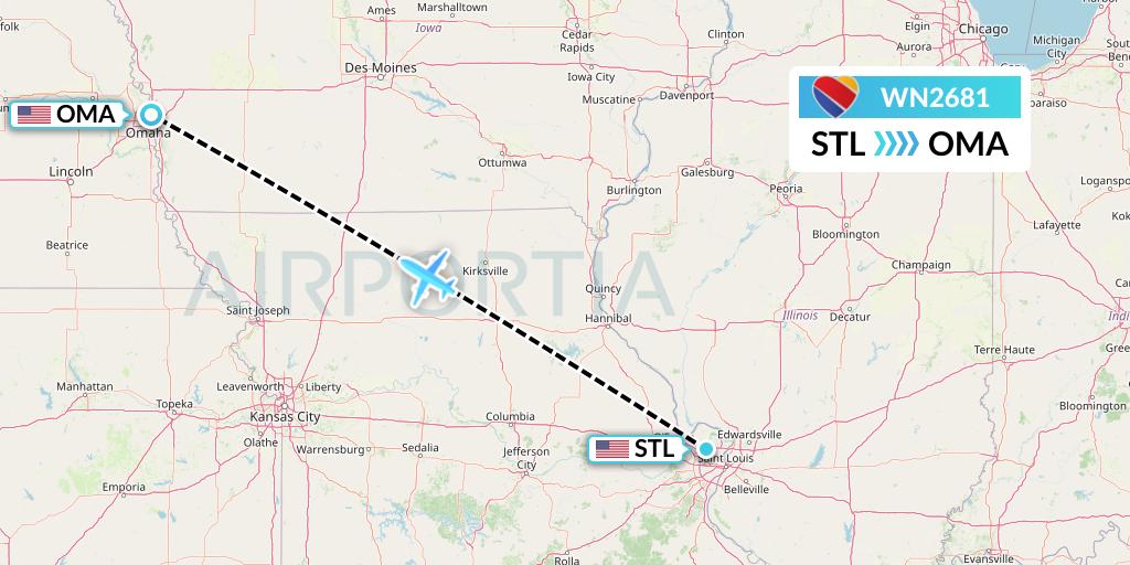 WN2681 Southwest Airlines Flight Map: St. Louis to Omaha