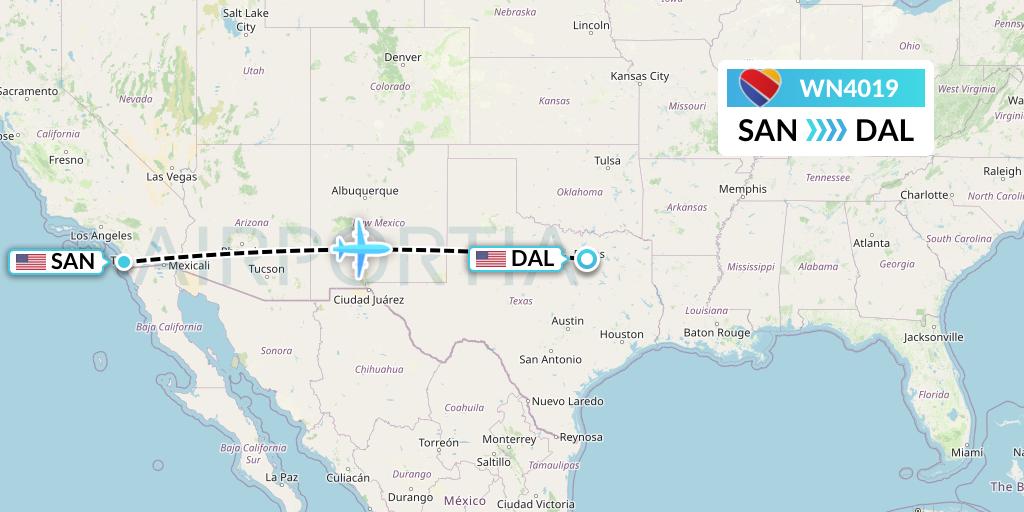 WN4019 Southwest Airlines Flight Map: San Diego to Dallas