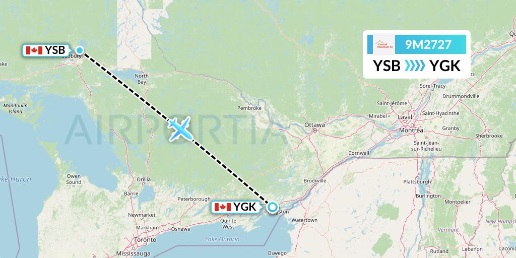 9M2727 Central Mountain Air Flight Map: Sudbury to Kingston