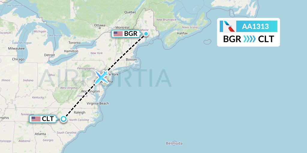 AA1313 American Airlines Flight Map: Bangor to Charlotte