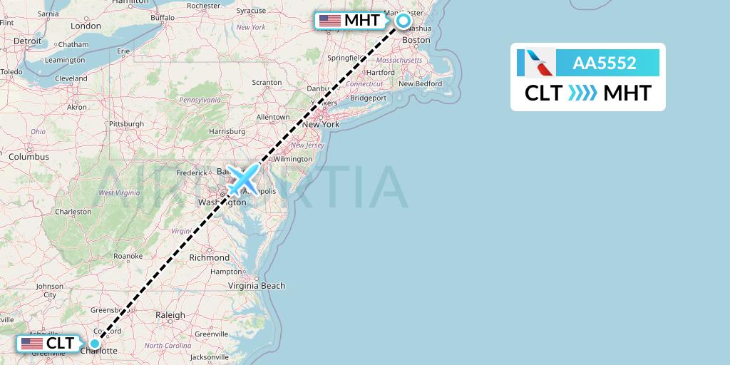 AA5552 American Airlines Flight Map: Charlotte to Manchester