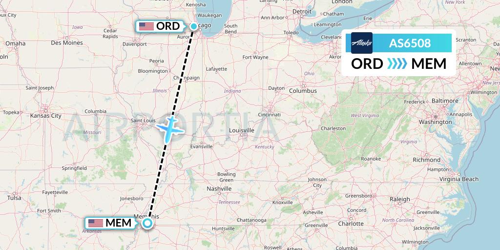 AS6508 Alaska Airlines Flight Map: Chicago to Memphis
