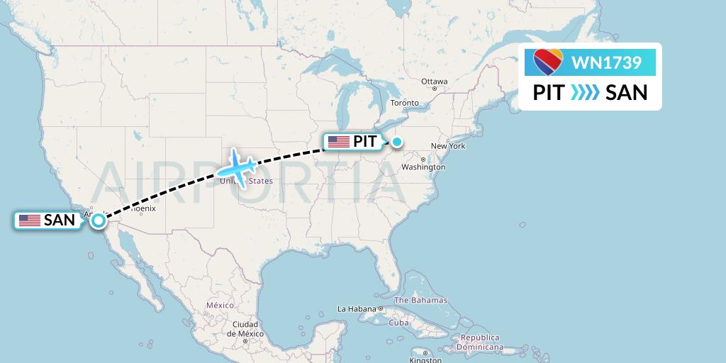 WN1739 Southwest Airlines Flight Map: Pittsburgh to San Diego