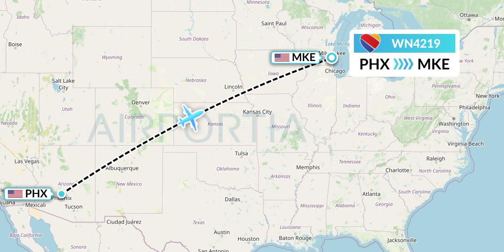 WN4219 Southwest Airlines Flight Map: Phoenix to Milwaukee