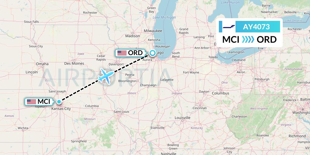 AY4073 Finnair Flight Map: Kansas City to Chicago