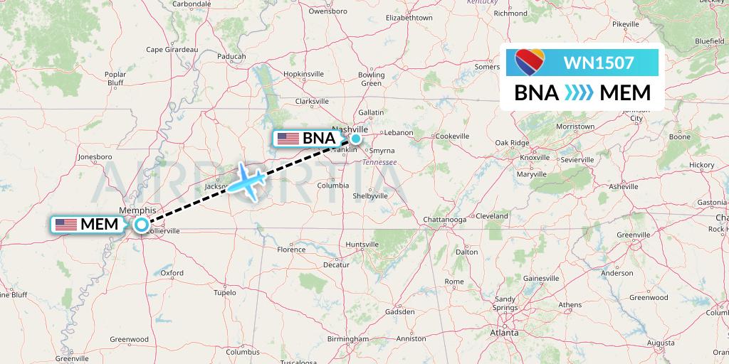 WN1507 Southwest Airlines Flight Map: Nashville to Memphis