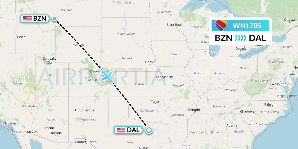 WN1705 Southwest Airlines Flight Map: Bozeman to Dallas