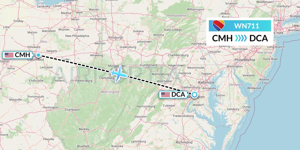 WN711 Southwest Airlines Flight Map: Columbus to Washington