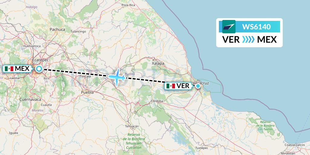 WS6140 WestJet Flight Map: Veracruz to Mexico City
