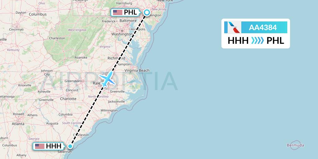 AA4384 American Airlines Flight Map: Hilton Head Island to Philadelphia