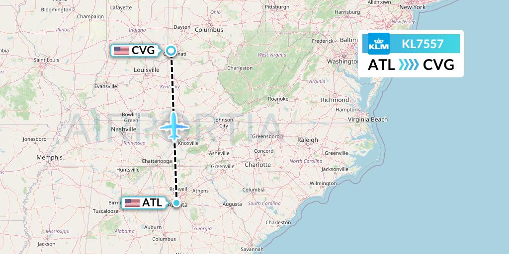 KL7557 KLM Flight Map: Atlanta to Cincinnati
