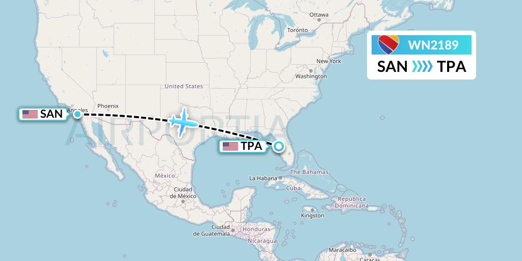WN2189 Southwest Airlines Flight Map: San Diego to Tampa