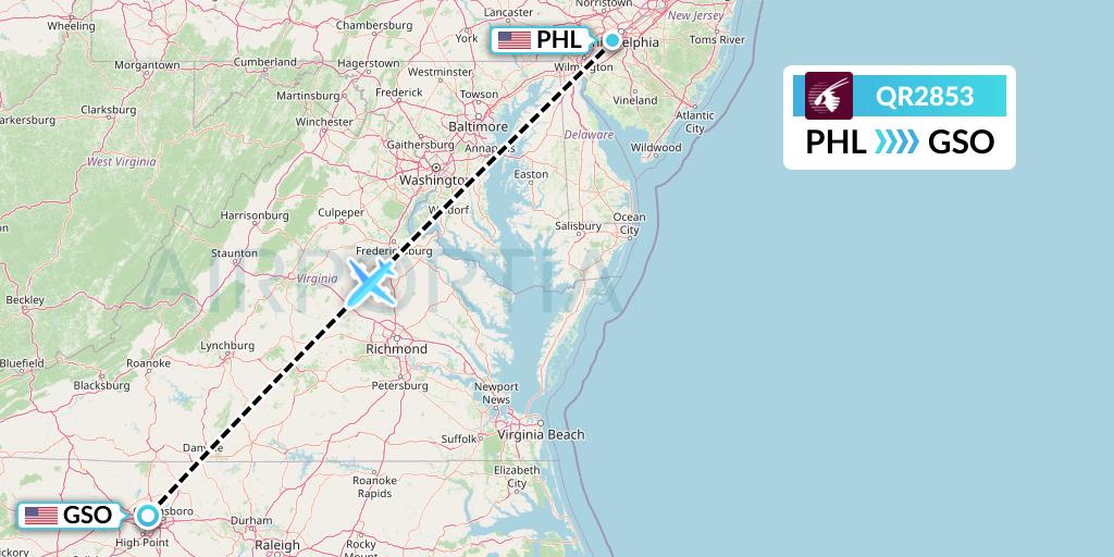 QR2853 Qatar Airways Flight Map: Philadelphia to Greensboro