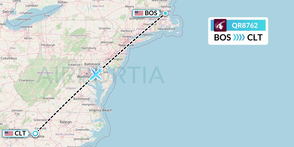 QR8762 Qatar Airways Flight Map: Boston to Charlotte