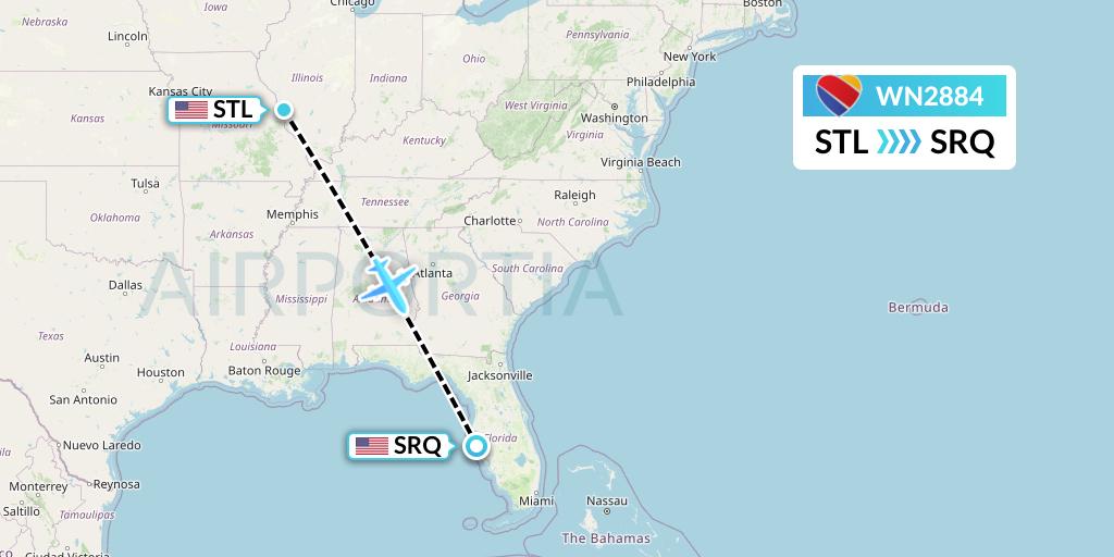 WN2884 Southwest Airlines Flight Map: St. Louis to Sarasota