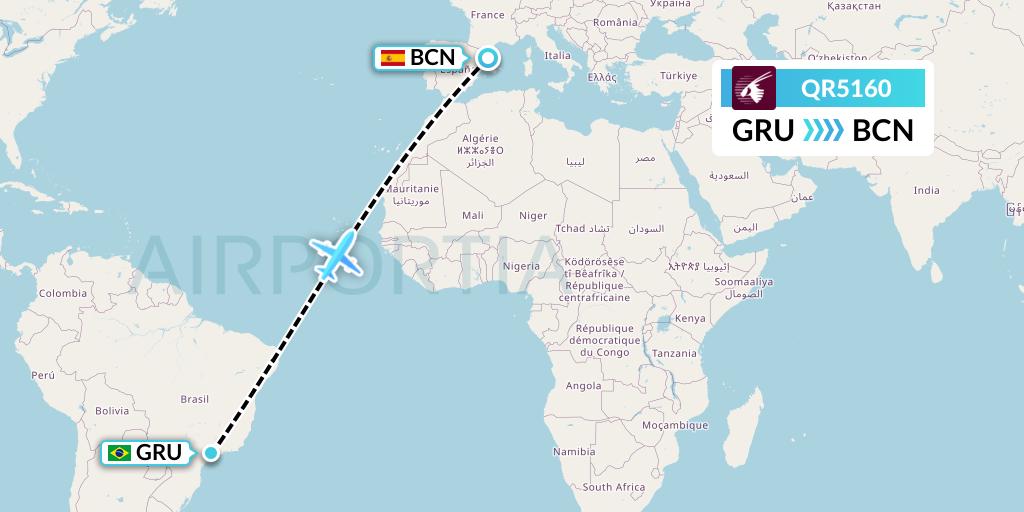QR5160 Qatar Airways Flight Map: Sao Paulo to Barcelona