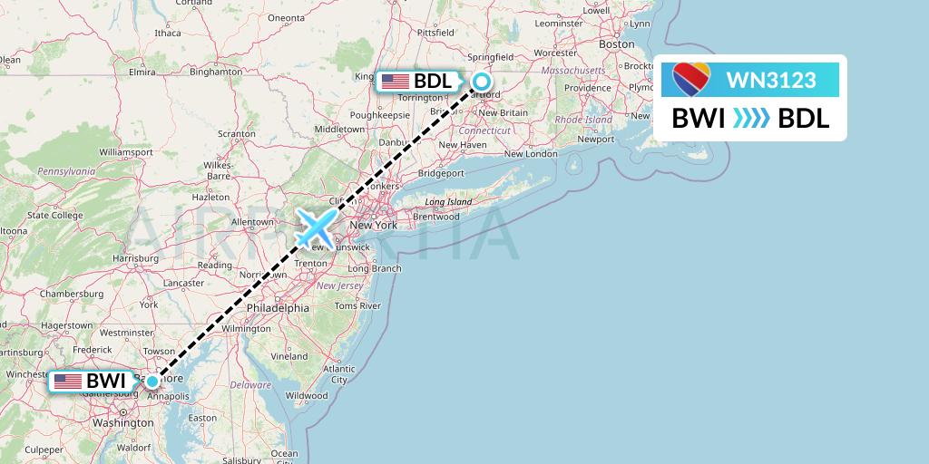 WN3123 Southwest Airlines Flight Map: Baltimore to Windsor Locks