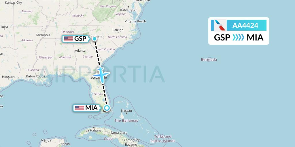 AA4424 American Airlines Flight Map: Greenville-Spartanburg to Miami