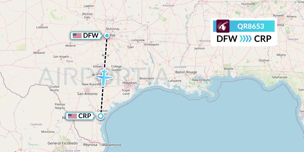 QR8653 Qatar Airways Flight Map: Dallas to Corpus Christi