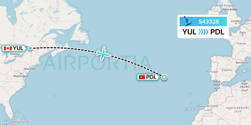 S43328 Azores Airlines Flight Map: Montreal to Ponta Delgada