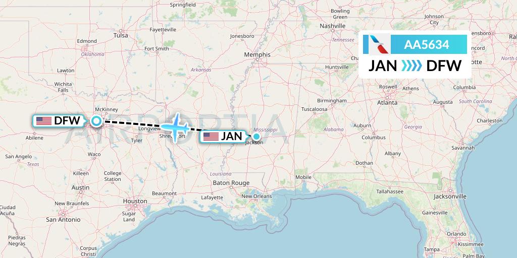 AA5634 American Airlines Flight Map: Jackson to Dallas