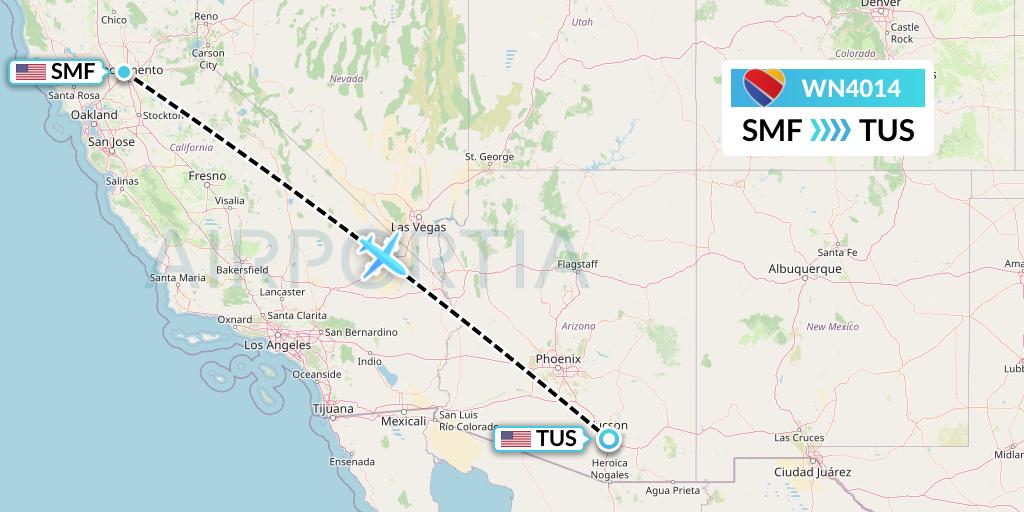WN4014 Southwest Airlines Flight Map: Sacramento to Tucson