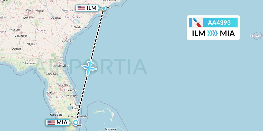 AA4393 American Airlines Flight Map: Wilmington to Miami